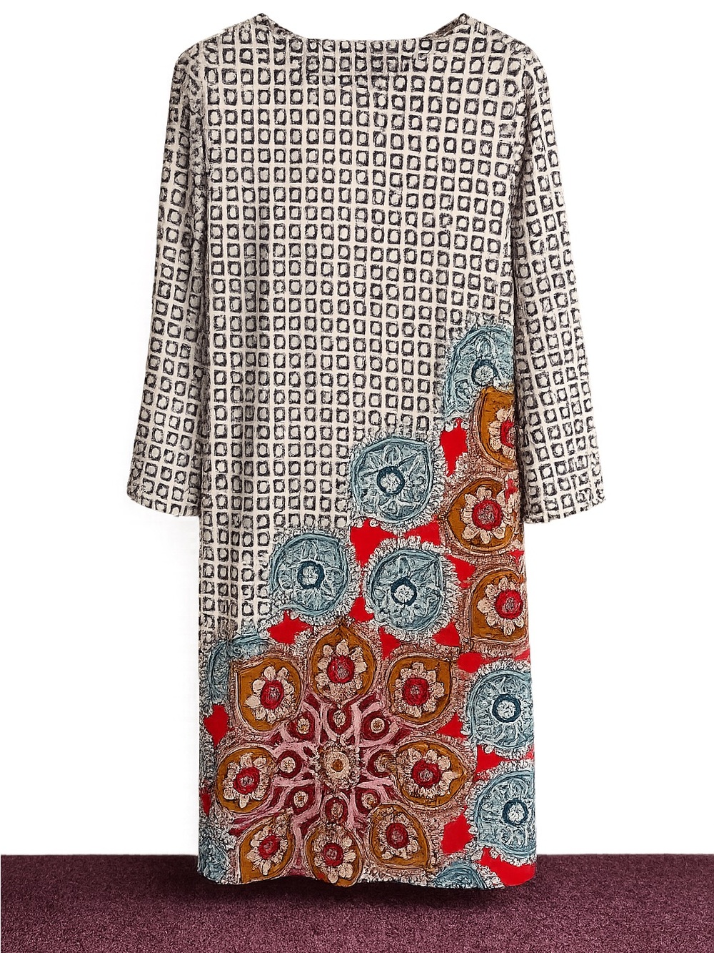 Chico's Cream Shift Dress with Red and Blue Medallion Border